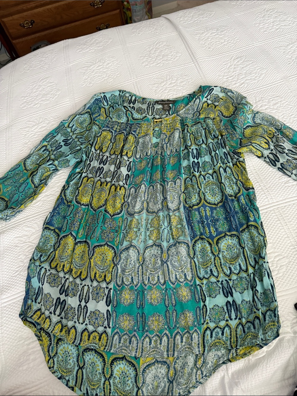 Tommy Bahama Teal and Yellow Patterned Boho Blouse